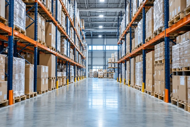 Warehouse shelving stocked with goods